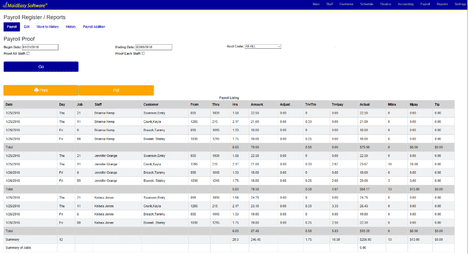 A screenshot showing what MaidEasy's cleaning service payroll management looks like.